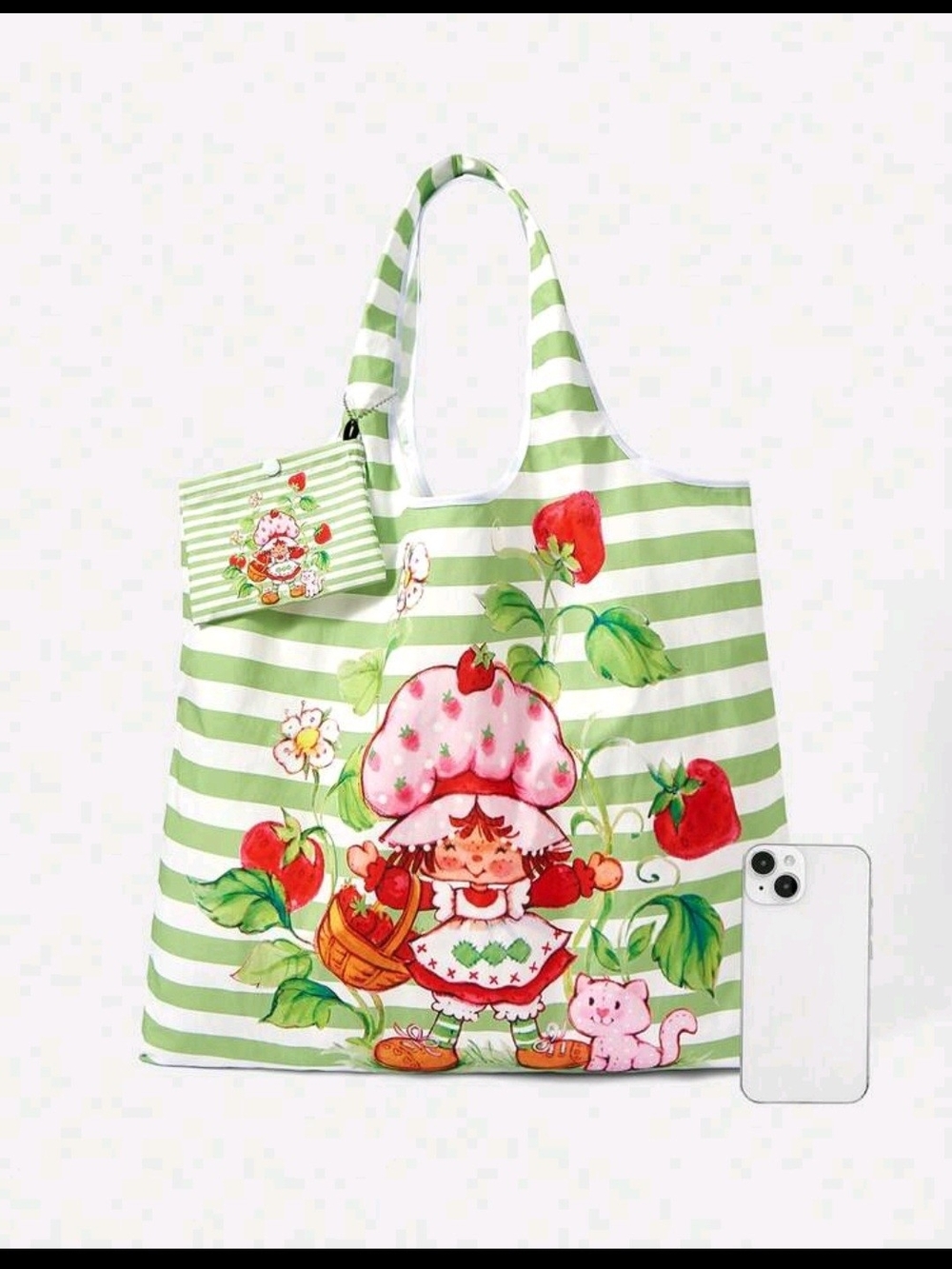 Green & White Striped Strawberry Print Tote Bag - Picture 4 of 4